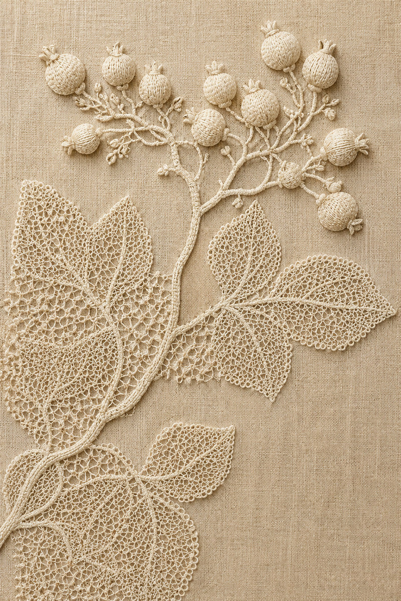 Lace Bud And Vine Motif 1 from Lace Embroidery & Broderie Designs Book 1, a digital embroidery design reference for machine embroidery designs, embroidery patterns and lace and broderie details.