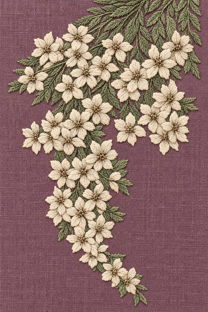 Cascading warm ivory small flowers with muted sage serrated leaves on dusty plum linen.