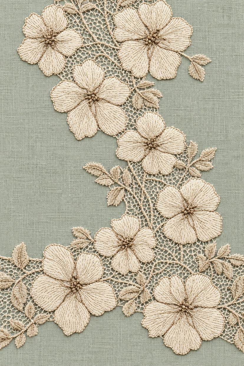 Warm ivory climbing floral lace panel joining a horizontal mesh band on pale celadon linen.