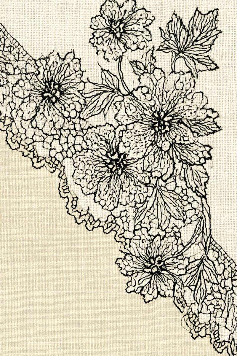 Original line drawing of five frilled flowers and serrated leaves along a diagonal lace border.