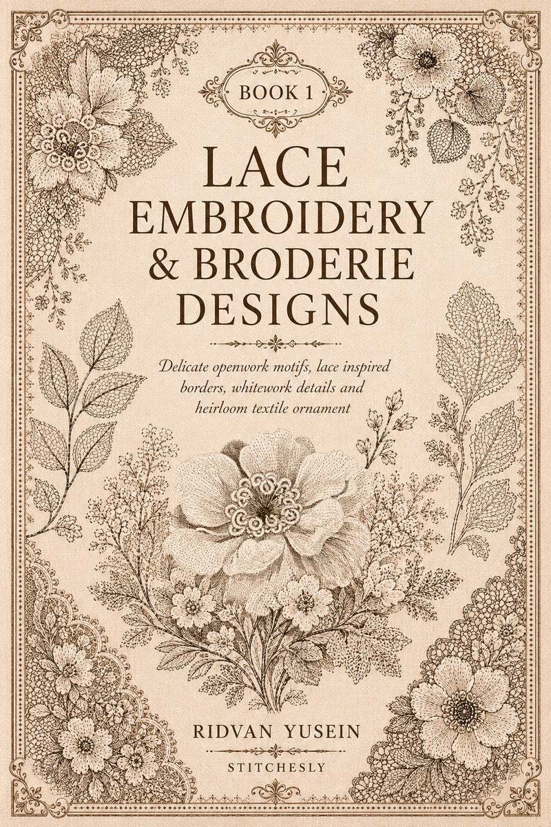 Flat cover artwork for Lace Embroidery and Broderie Designs Book One, framed by delicate floral lace motifs.