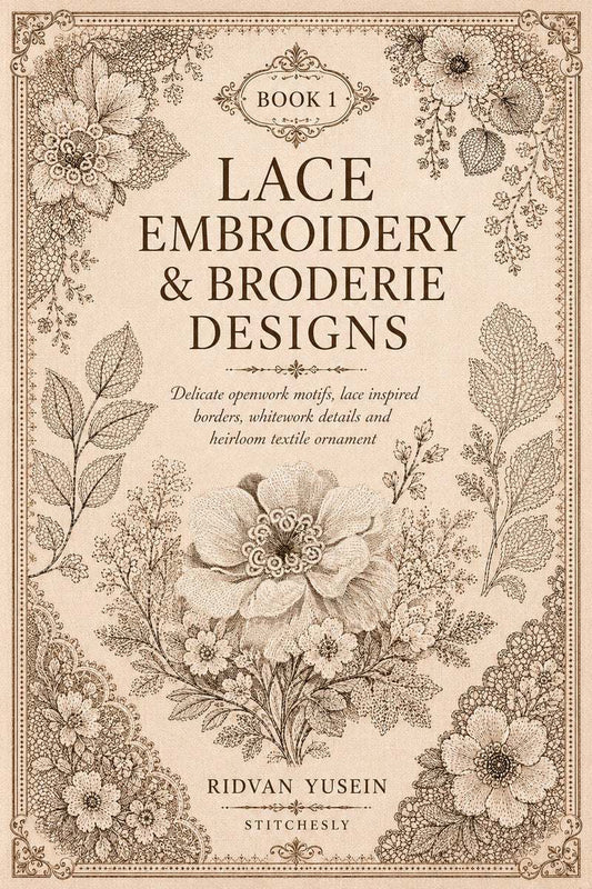 Flat cover artwork for Lace Embroidery and Broderie Designs Book One, framed by delicate floral lace motifs.