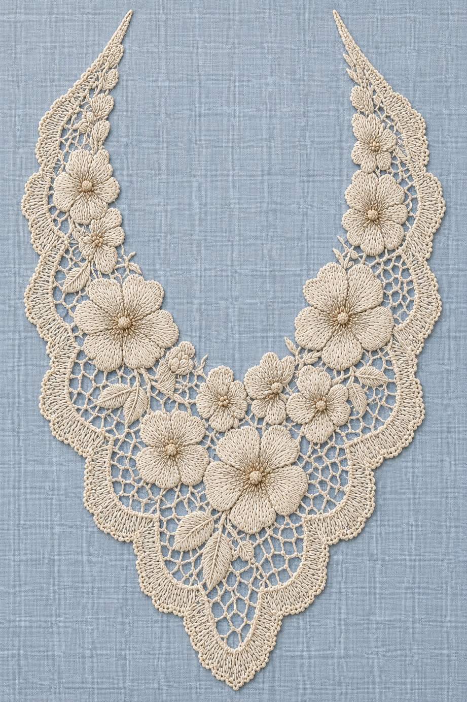 Warm ivory floral needlelace collar with scalloped edges and an open neckline on powder blue linen.