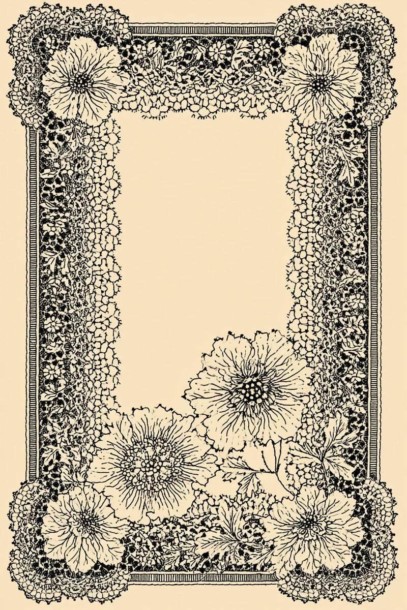 Original line drawing of a rectangular floral lace frame with six prominent flowers and an open center.
