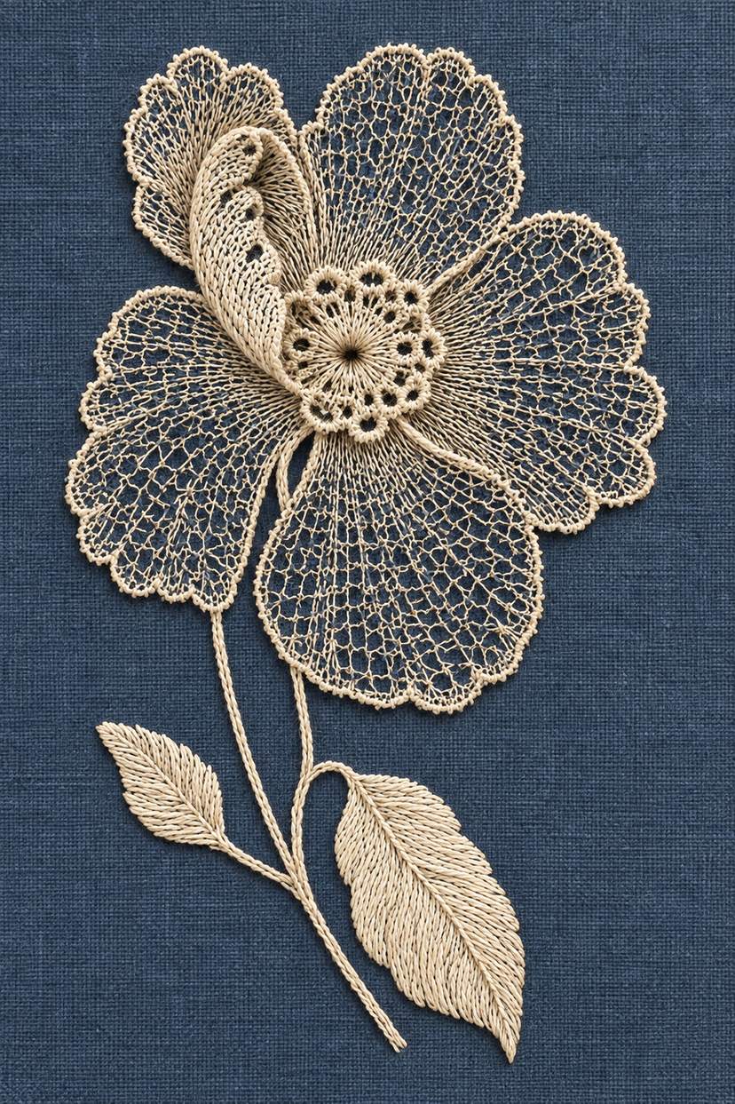 Single warm ivory openwork flower with a curled petal, looped center and two leaves on dark slate blue linen.