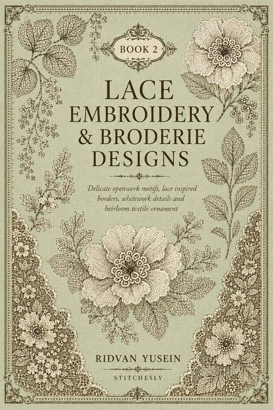 Flat cover artwork for Lace Embroidery and Broderie Designs Book Two, framed by delicate floral lace motifs.