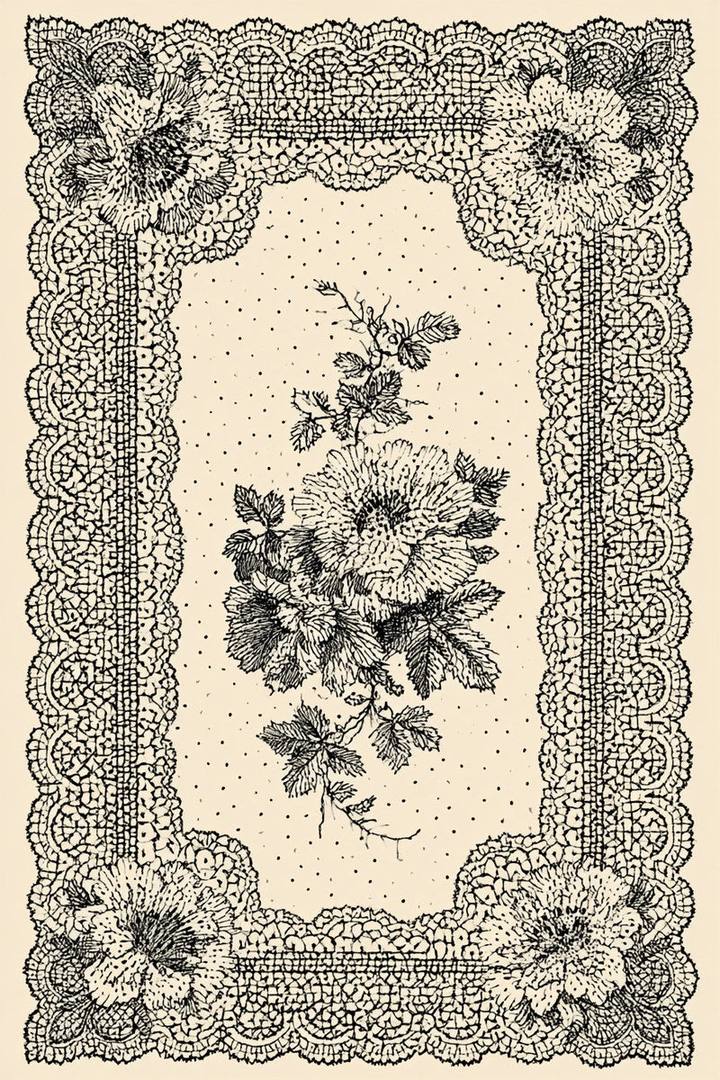 Original line drawing of a rectangular lace frame with four corner flowers, a central bouquet and scattered dots.