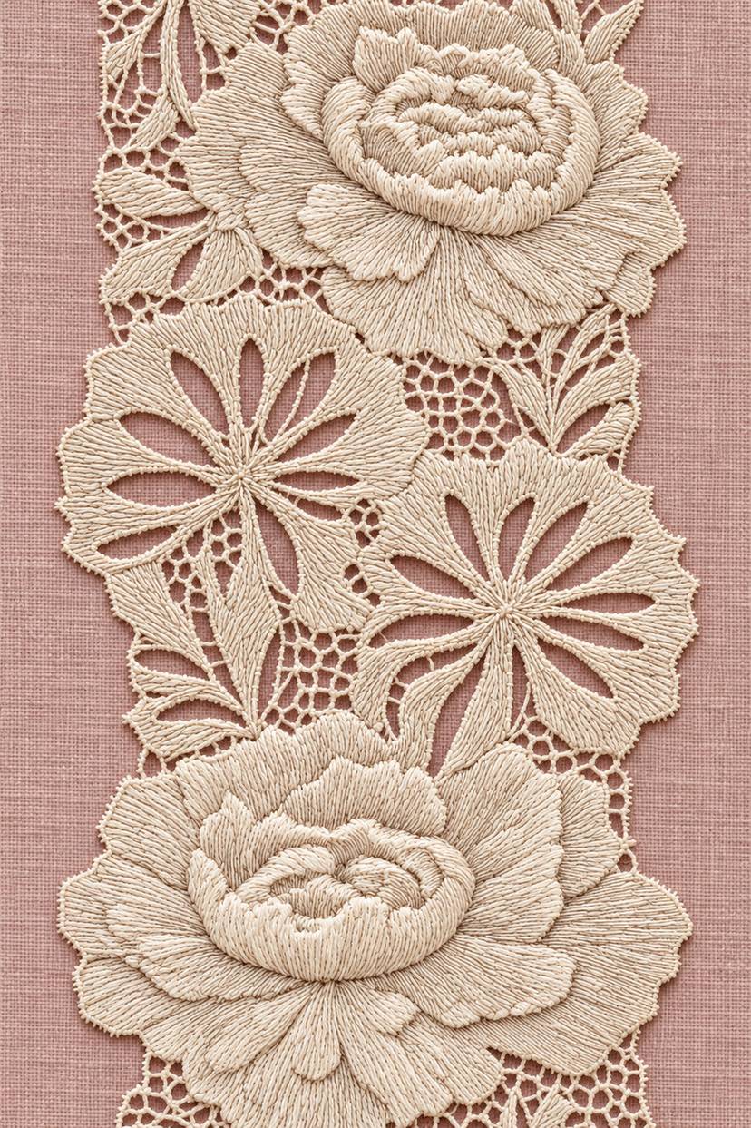 Warm ivory layered flowers and open-petal daisies in a vertical needlelace strip on dusty rose linen.