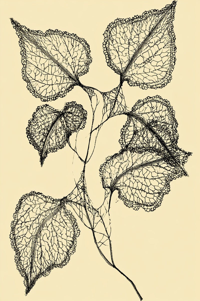 Original line drawing of six heart-shaped openwork leaves with fine mesh and delicate stems.