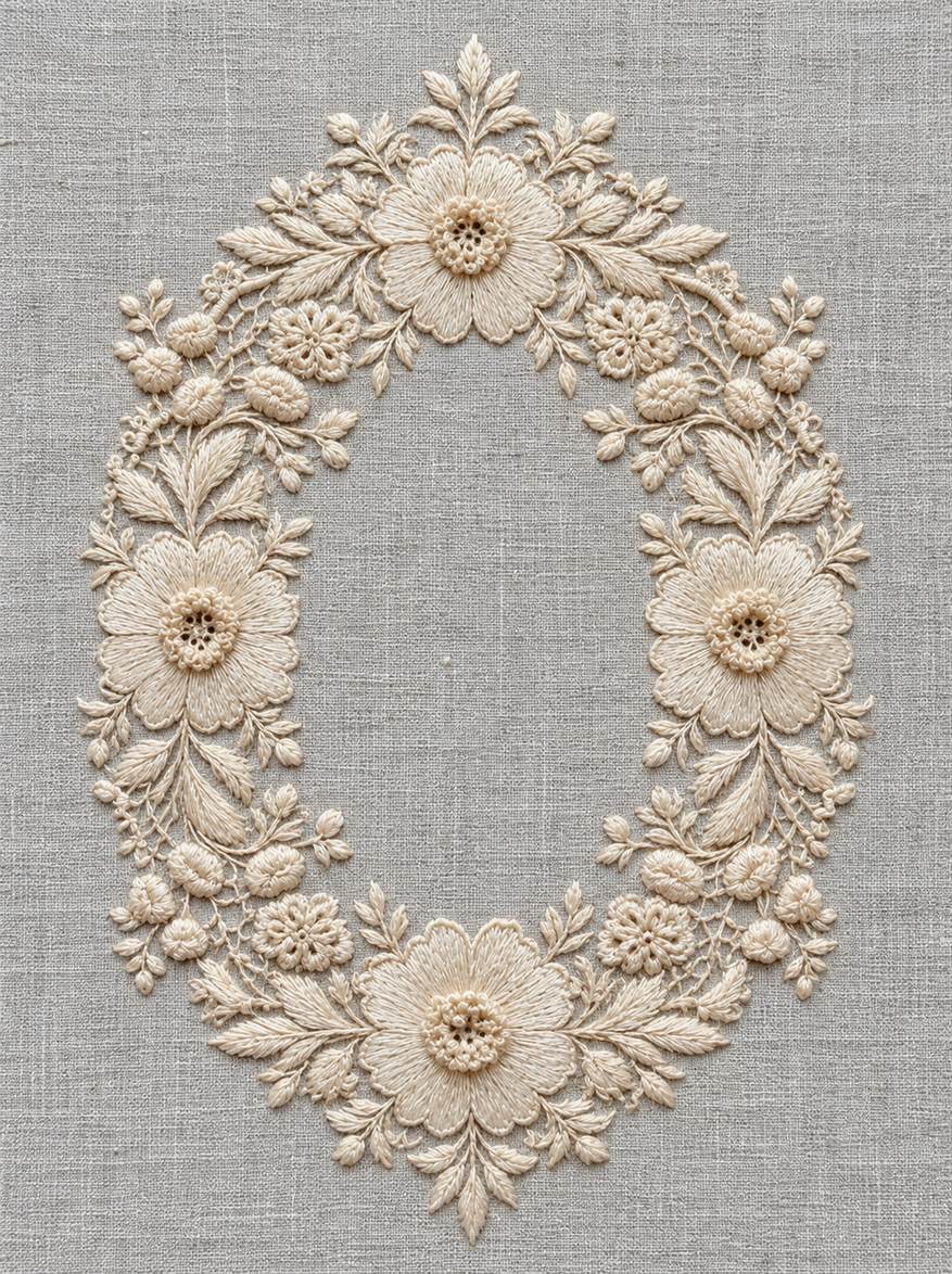 Warm ivory oval floral needlelace wreath with four large flowers, small rosettes and curved leafy stems on pale stone-grey linen.