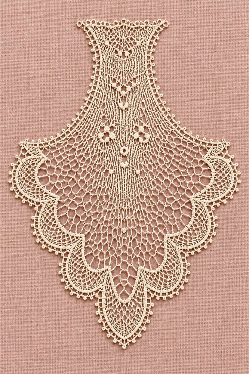 Warm ivory pointed floral needlelace ornament with a narrow neck, scalloped fan and fine picot edges on dusty rose linen.