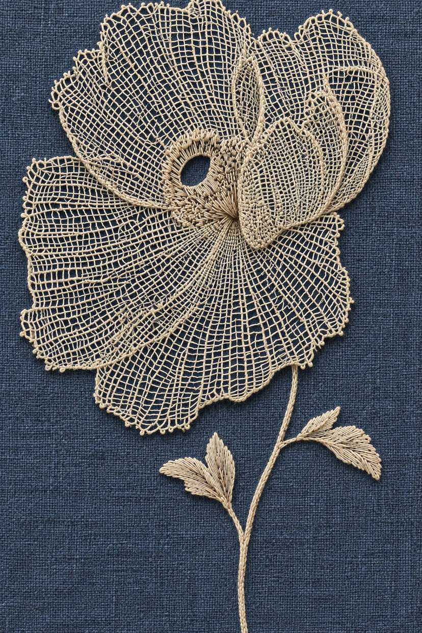 Single warm ivory openwork flower with curled mesh petals, an oval eyelet center and small leaf shoots on dark slate blue linen.