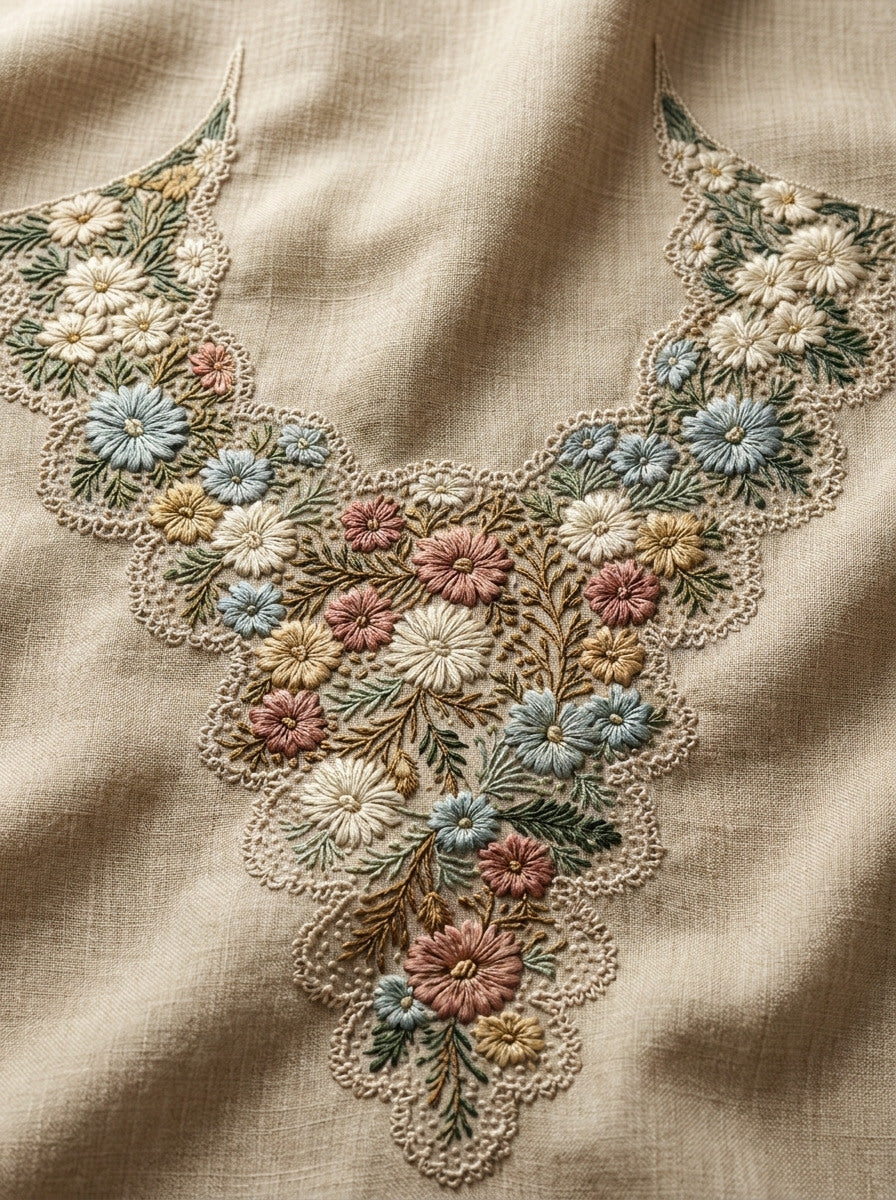 Lace Inspired Floral Collar from Necklines & Collars Embroidery Book 1, a digital embroidery design reference for machine embroidery designs, embroidery patterns and lace and broderie details.