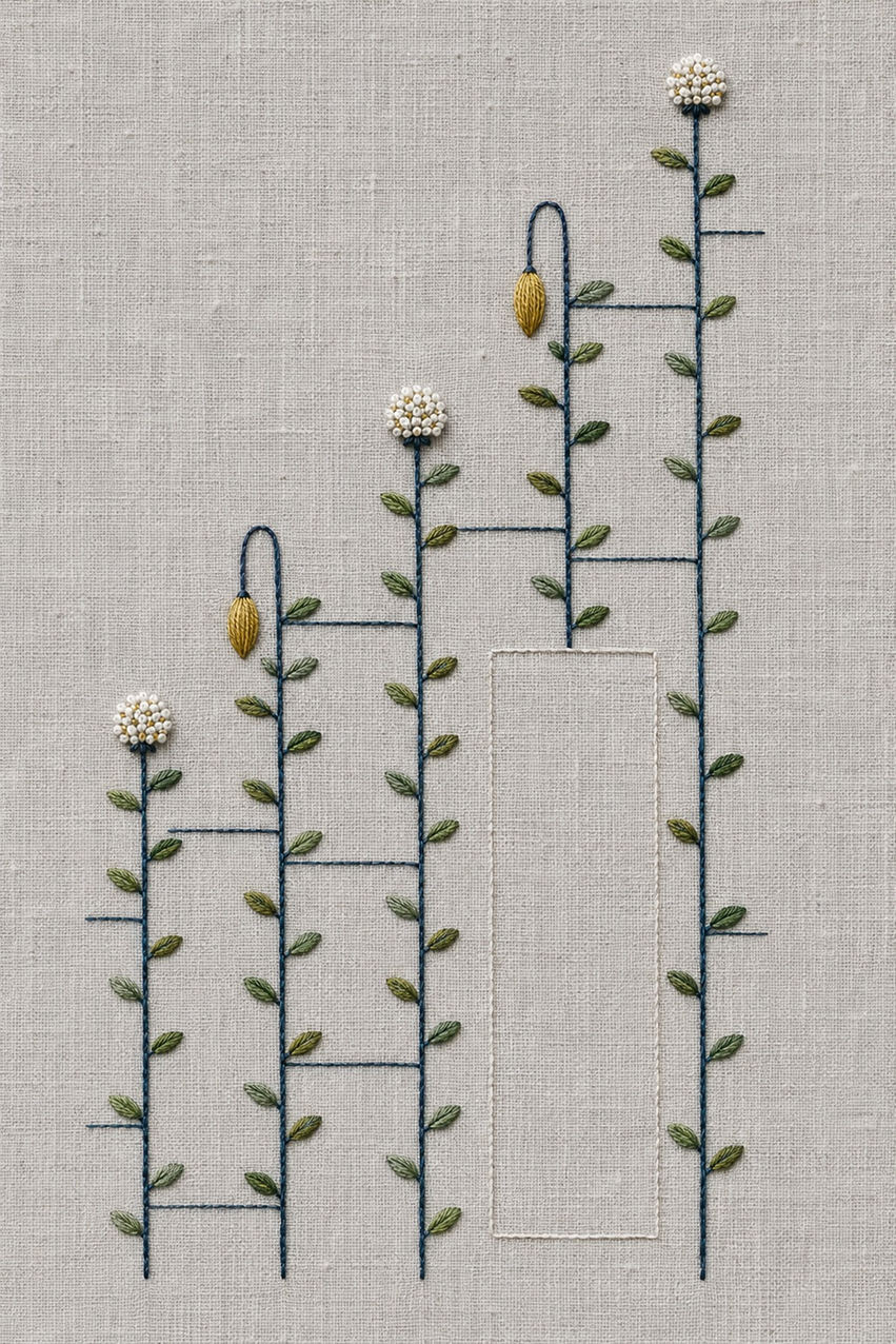 Illustrative embroidery design: Meadow stems pass through interrupted ladder bars in this geometric hand embroidery pattern.