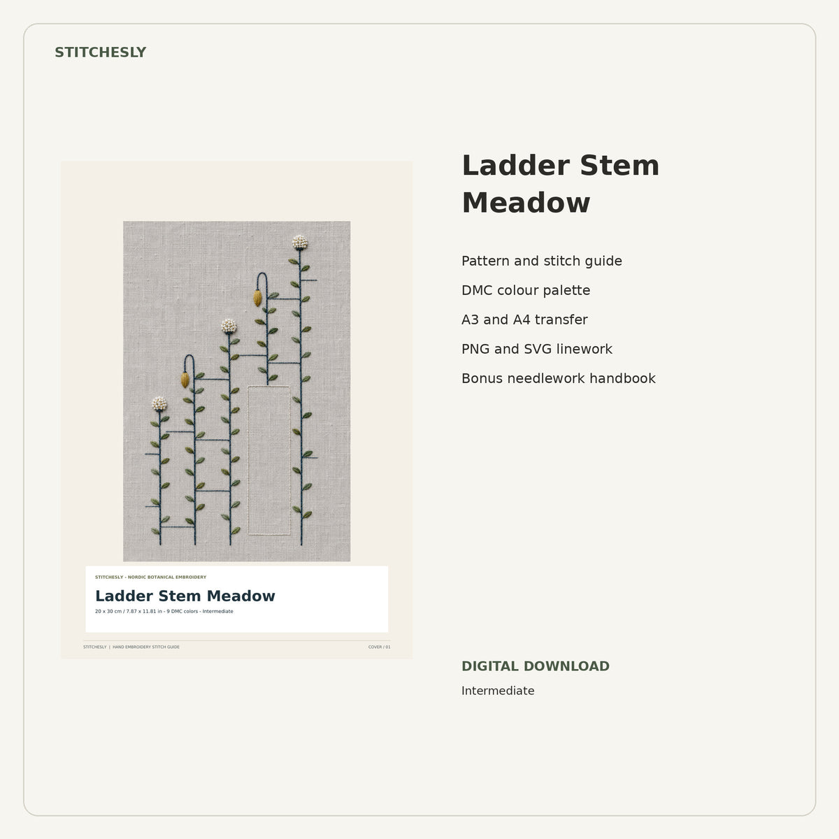 Ladder Stem Meadow PDF stitch guide cover, pattern files and bonus needlework handbook.