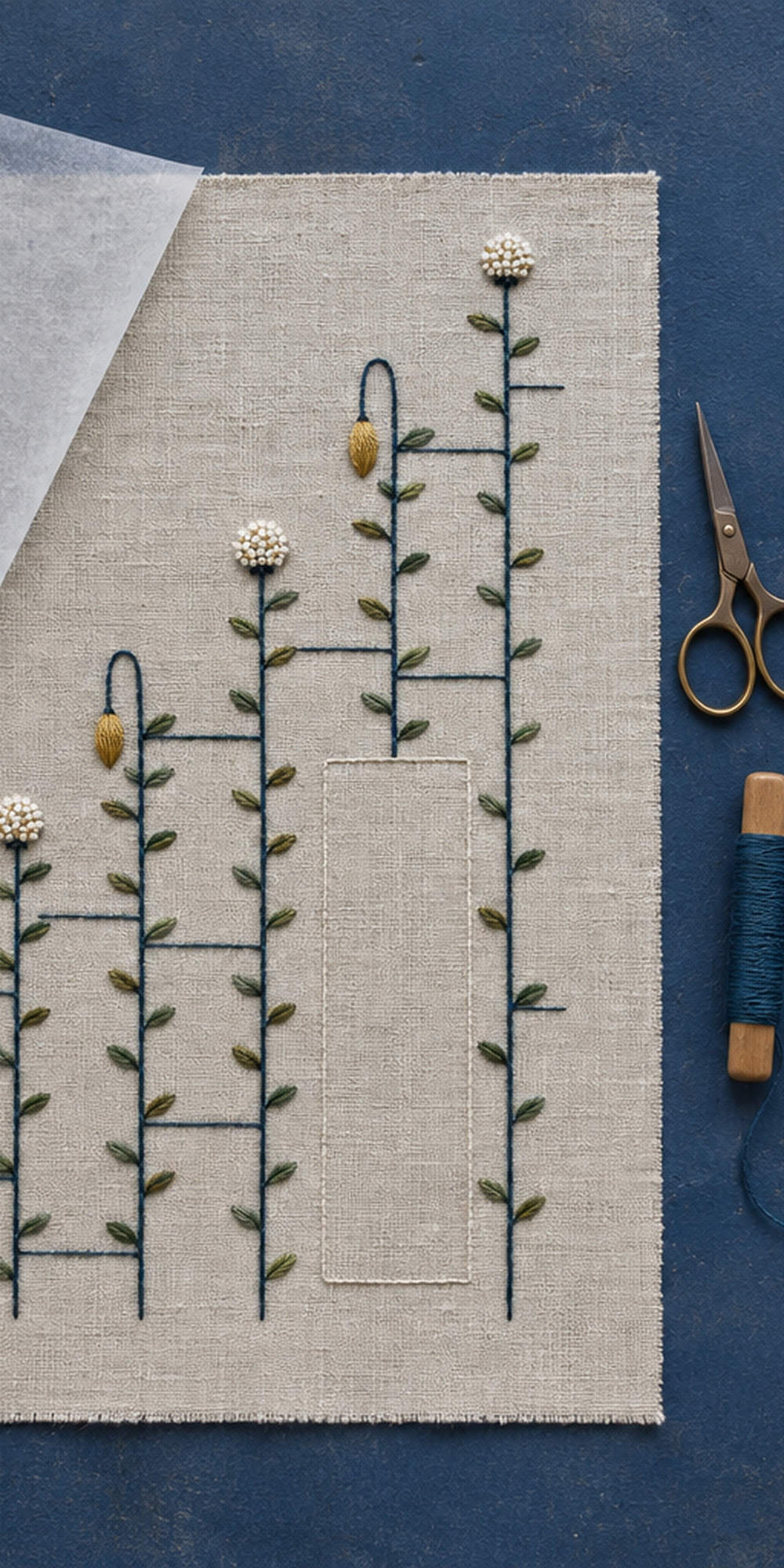 Botanical textile flat lay mockup featuring the Ladder Stem Meadow hand embroidery design. Meadow stems pass through interrupted ladder bars in this geometric hand embroidery pattern.
