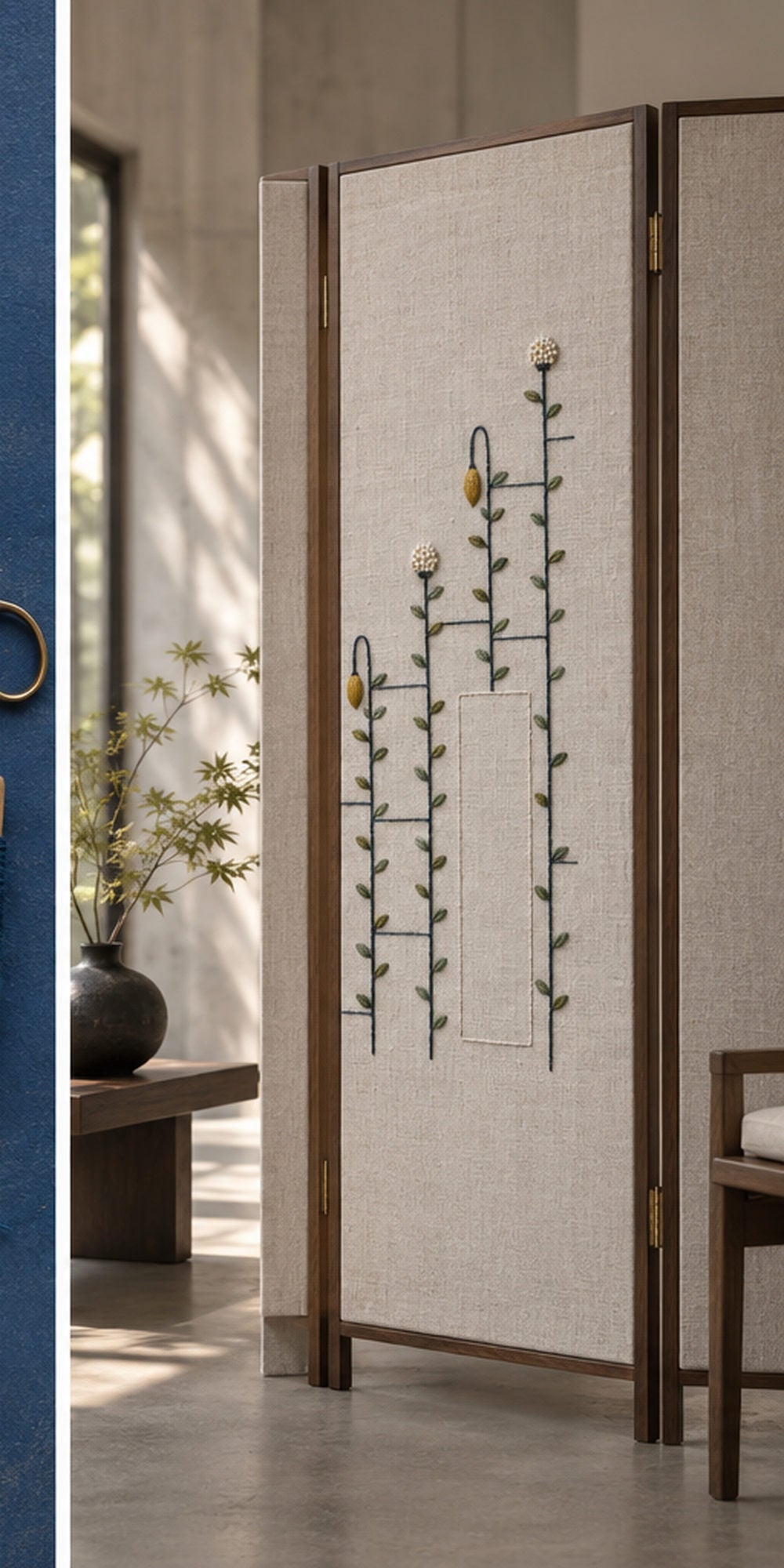 Framed linen panel mockup featuring the Ladder Stem Meadow hand embroidery design. Meadow stems pass through interrupted ladder bars in this geometric hand embroidery pattern.