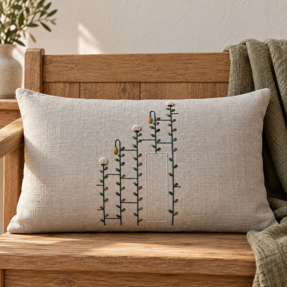 Linen cushion on a chair mockup featuring the Ladder Stem Meadow hand embroidery design. Meadow stems pass through interrupted ladder bars in this geometric hand embroidery pattern.