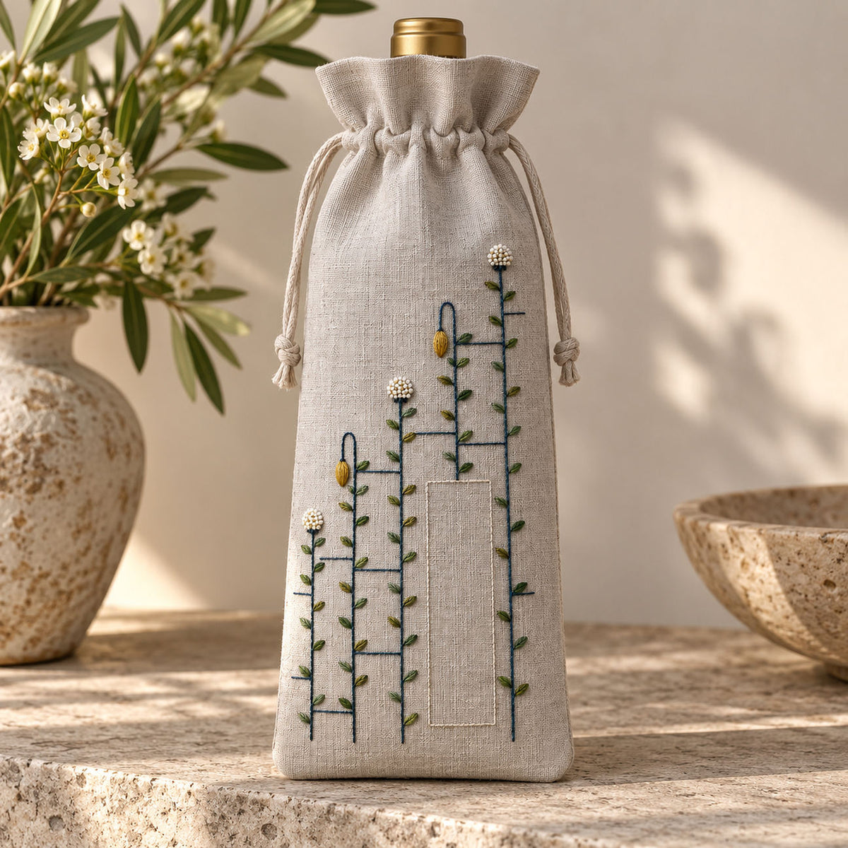 Linen drawstring bag mockup featuring the Ladder Stem Meadow hand embroidery design. Meadow stems pass through interrupted ladder bars in this geometric hand embroidery pattern.