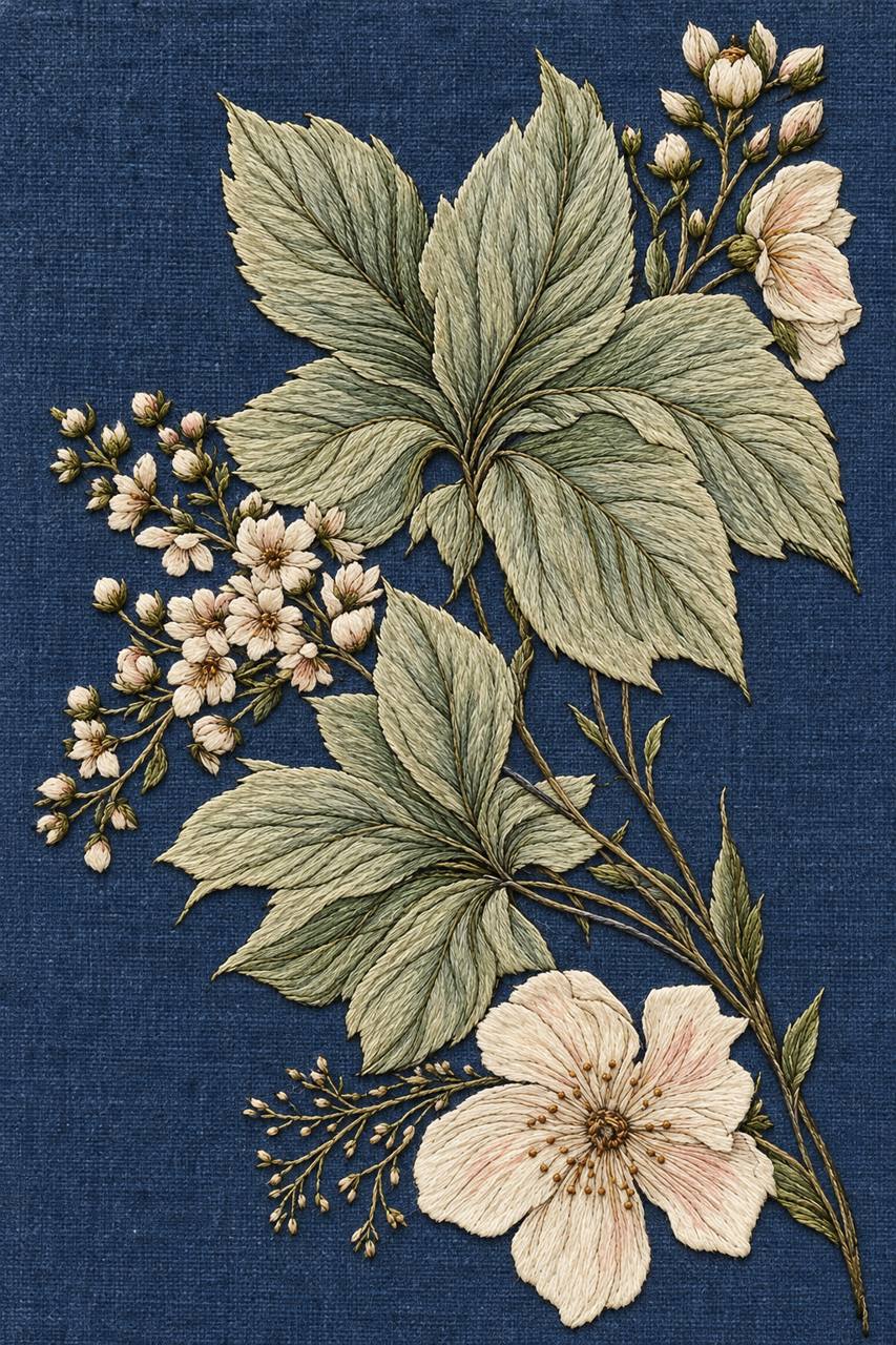Digital embroidery visualization of large celadon leaves and ivory flowers on indigo linen.