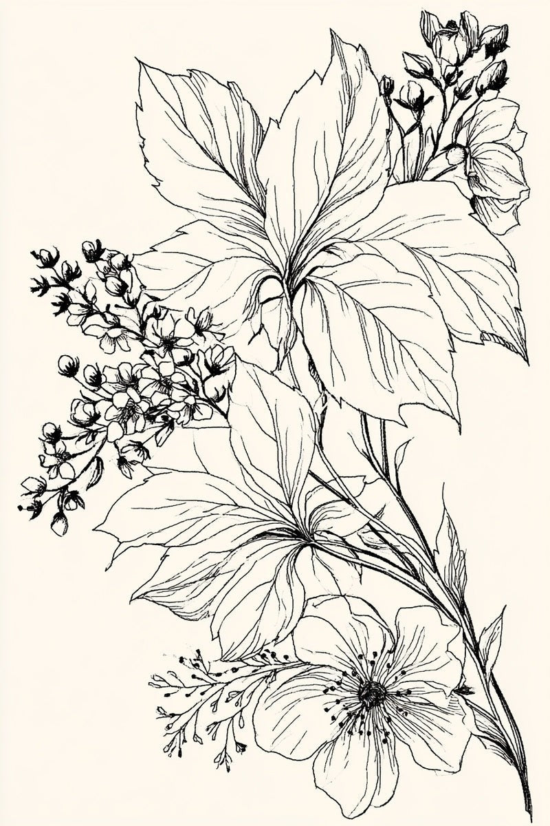 Original book drawing of a large-leaf floral corner arrangement.