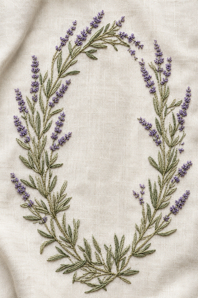 Lavender Oval Frame 1 from Botanical Embroidery Designs Book 3, a digital embroidery design reference for machine embroidery designs, embroidery patterns and frames and monogram spaces.