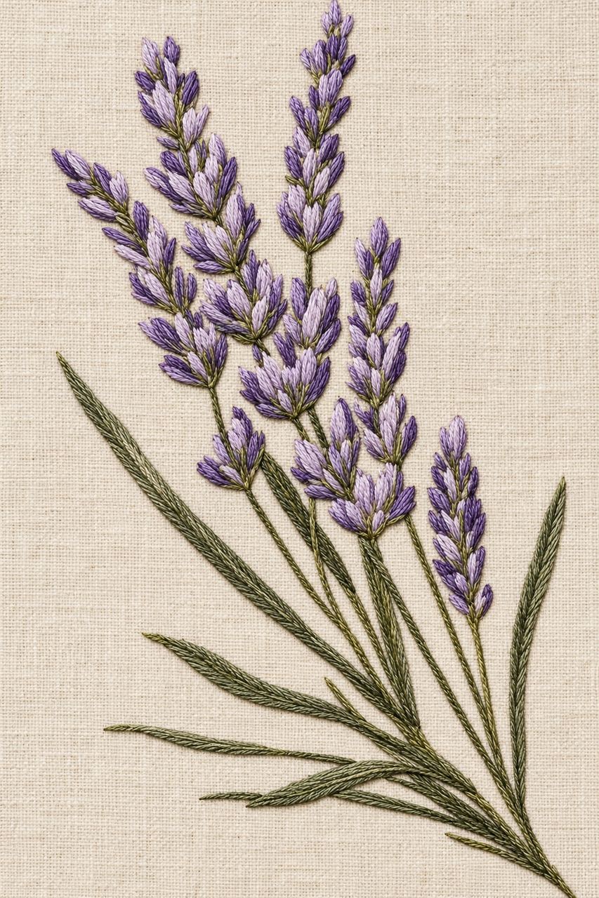 Digital embroidery visualization of violet lavender spikes and narrow green leaves on natural linen.