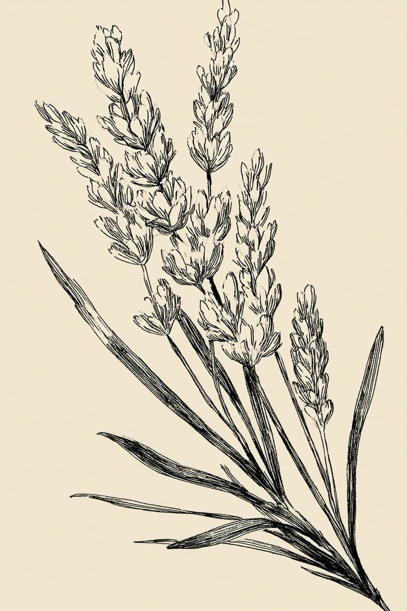 Original book drawing of a lavender sprig.