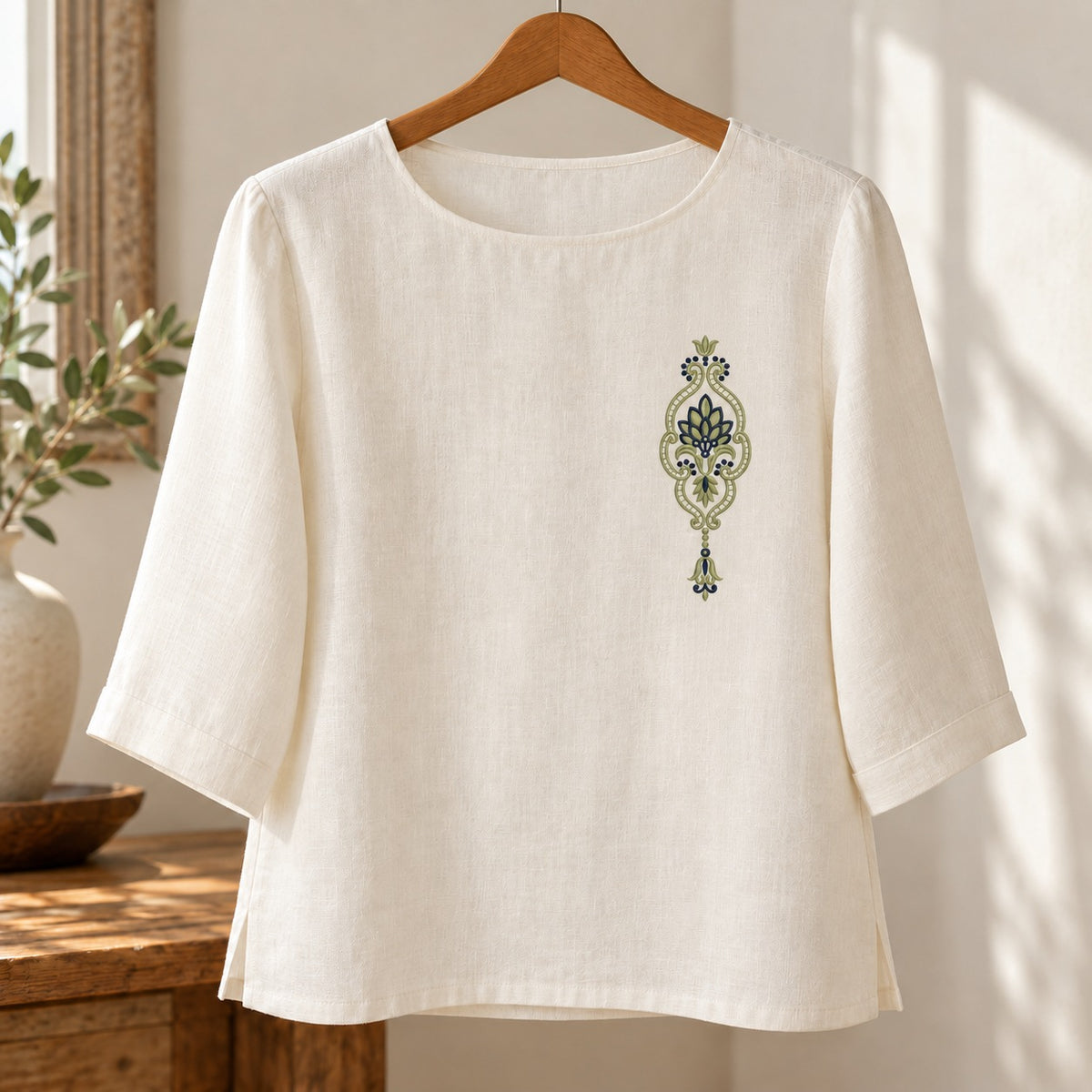Leaf Fan Scroll Pendant embroidered in smoky sage and ink blue on a linen blouse, showing the complete two-color motif.