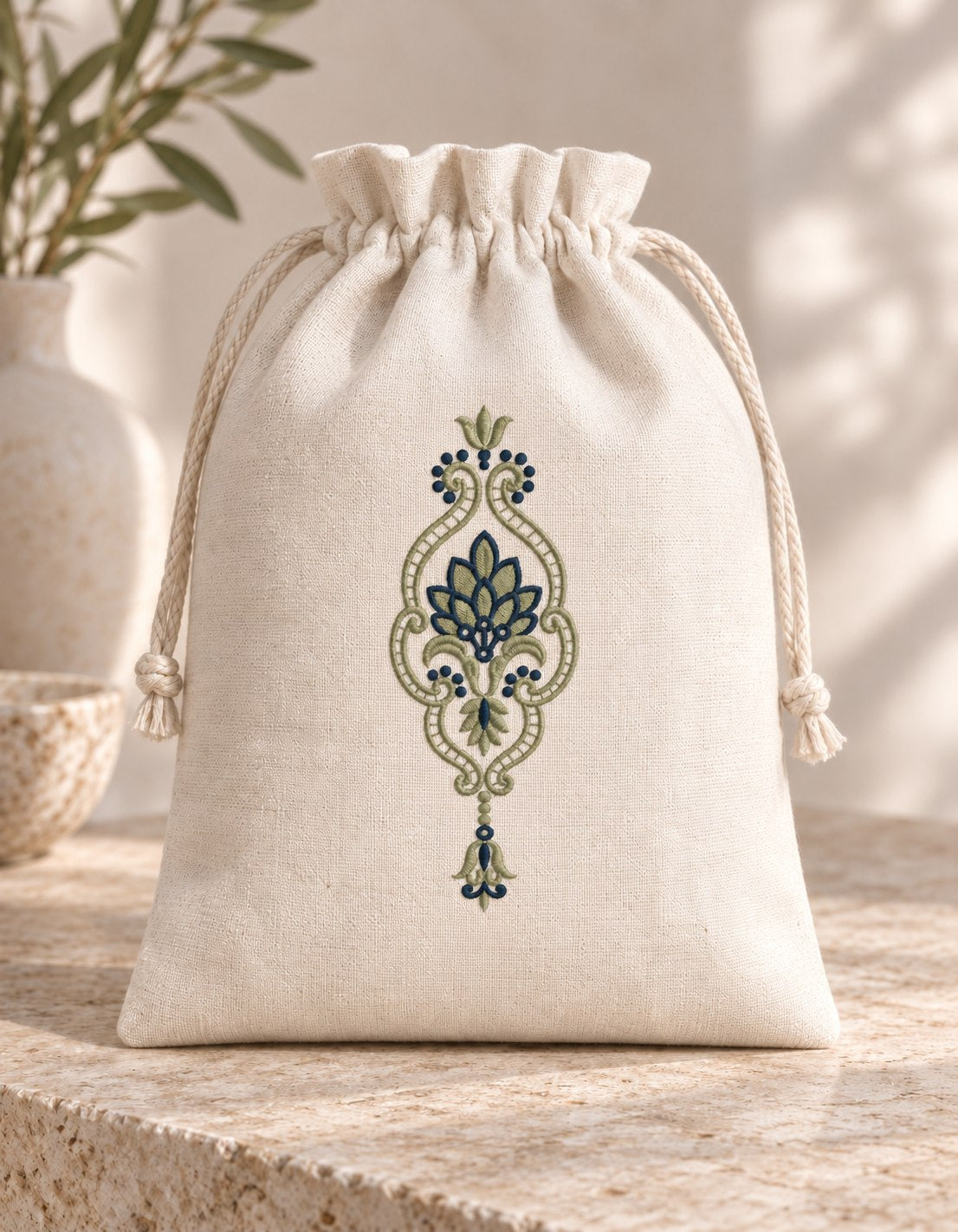 Leaf Fan Scroll Pendant embroidered in smoky sage and ink blue on a linen drawstring pouch, showing the complete two-color motif.