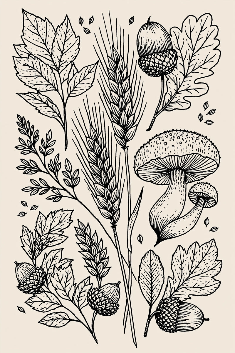 Leaves Acorns Wheat And Mushrooms from Halloween & Autumn Embroidery Book 2, a digital embroidery design reference for machine embroidery designs, embroidery patterns and seasonal embroidery motifs.