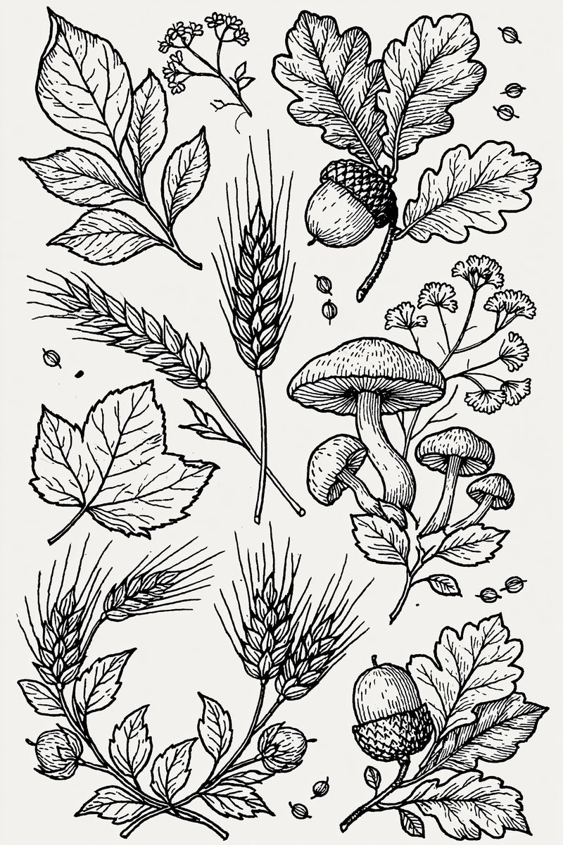 Leaves Acorns Wheat And Mushrooms from Halloween & Autumn Embroidery Book 3, a digital embroidery design reference for machine embroidery designs, embroidery patterns and seasonal embroidery motifs.