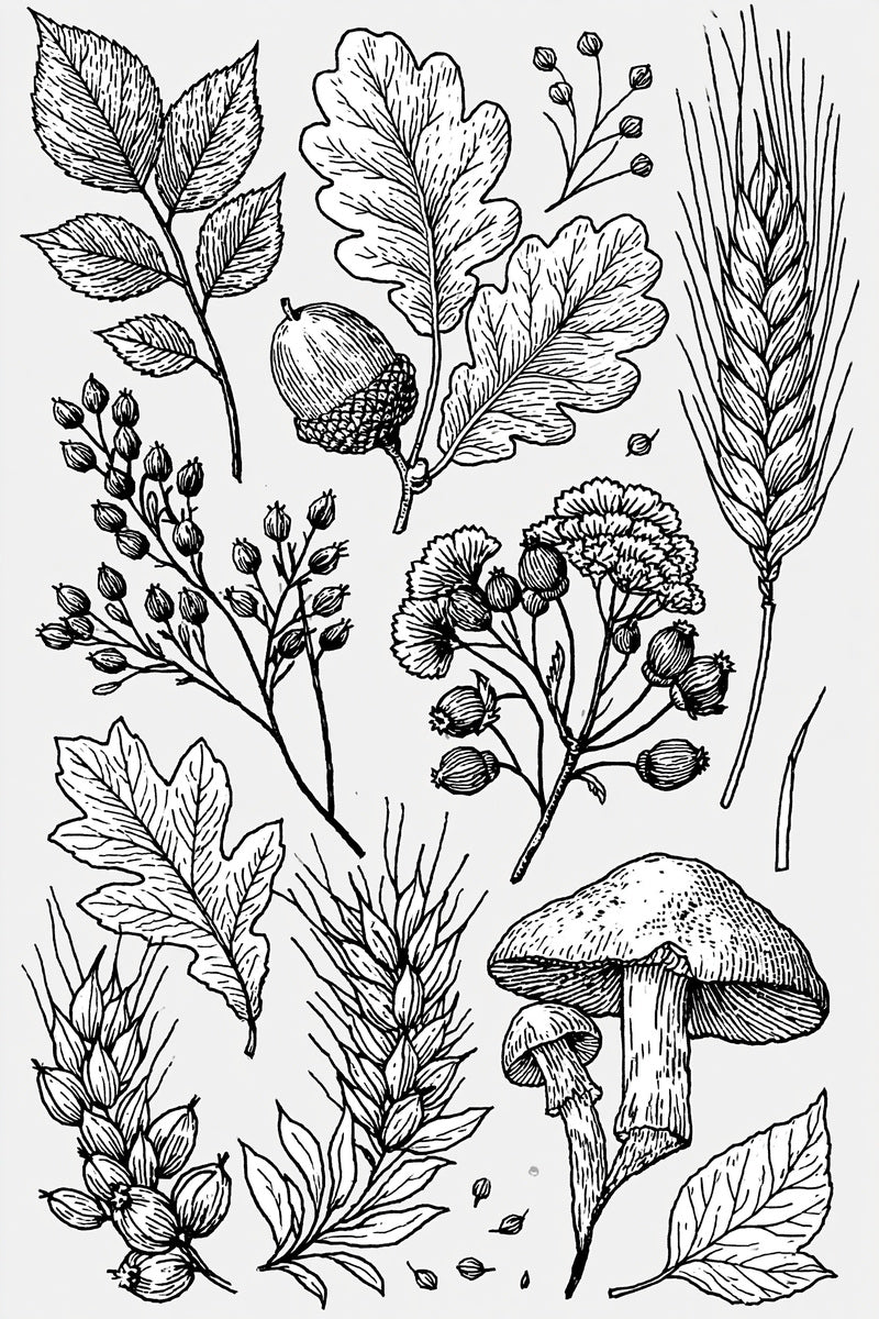 Leaves Acorns Wheat And Mushrooms from Halloween & Autumn Embroidery Book 4, a digital embroidery design reference for machine embroidery designs, embroidery patterns and seasonal embroidery motifs.