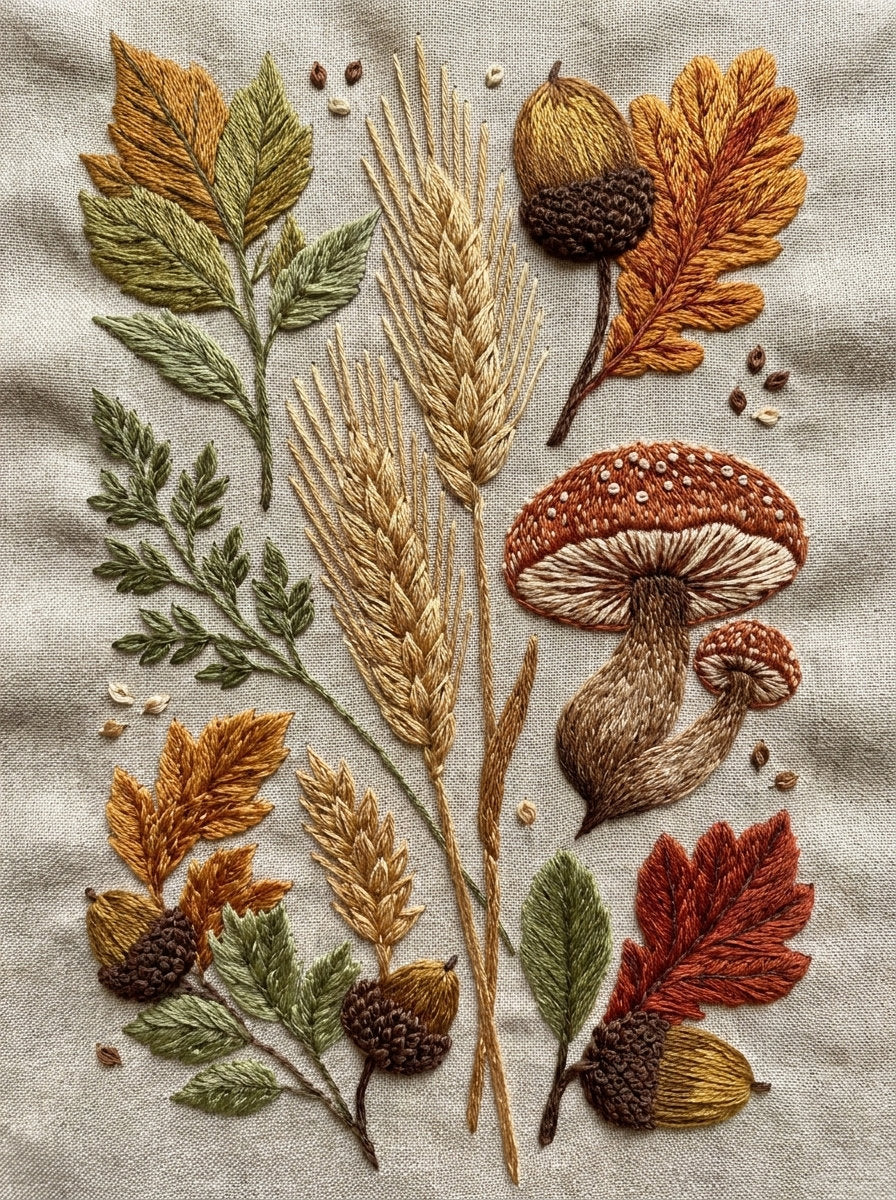 Leaves Acorns Wheat And Mushrooms from Halloween & Autumn Embroidery Book 2, a digital embroidery design reference for machine embroidery designs, embroidery patterns and seasonal embroidery motifs.