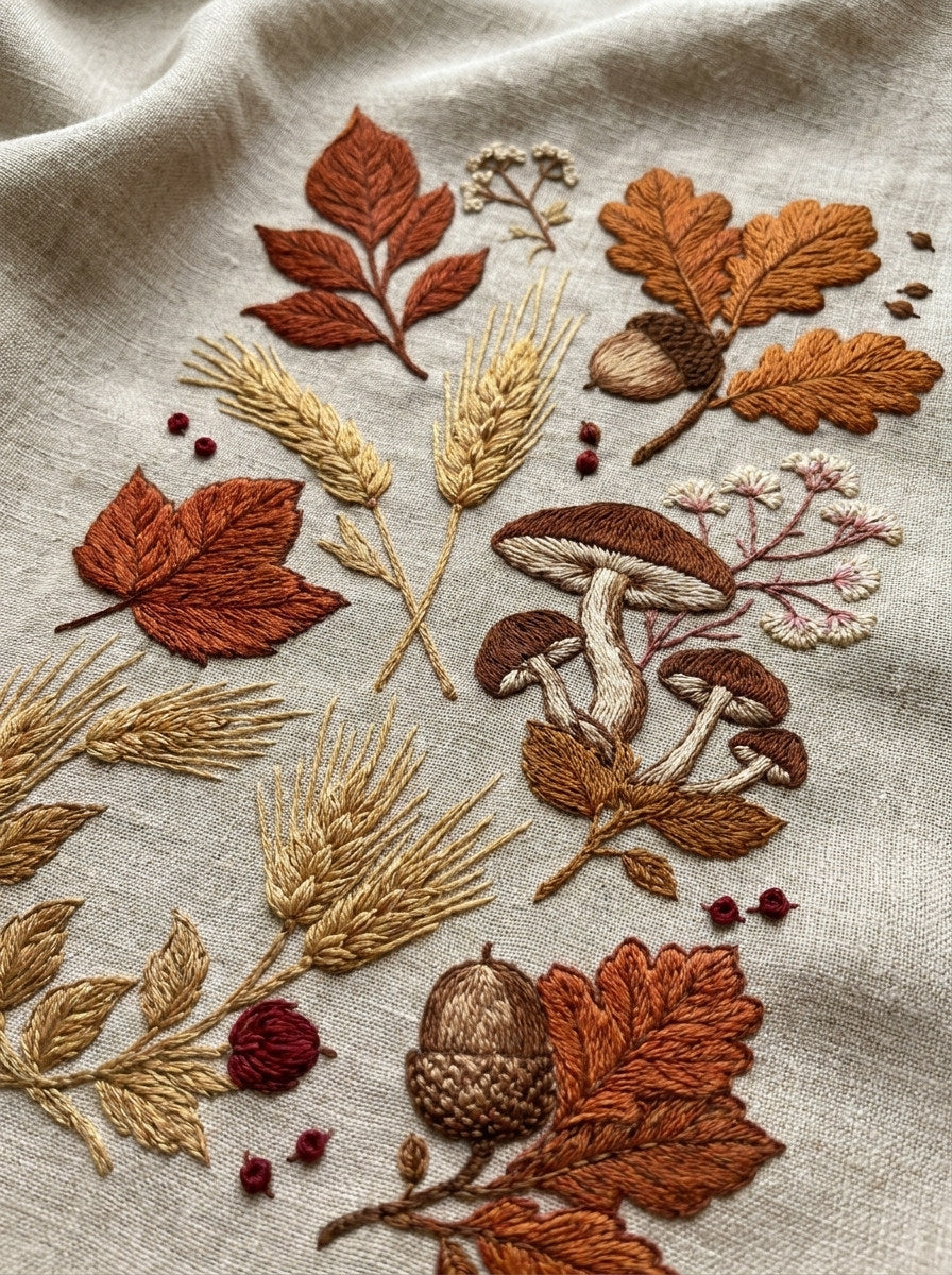 Leaves Acorns Wheat And Mushrooms from Halloween & Autumn Embroidery Book 3, a digital embroidery design reference for machine embroidery designs, embroidery patterns and seasonal embroidery motifs.
