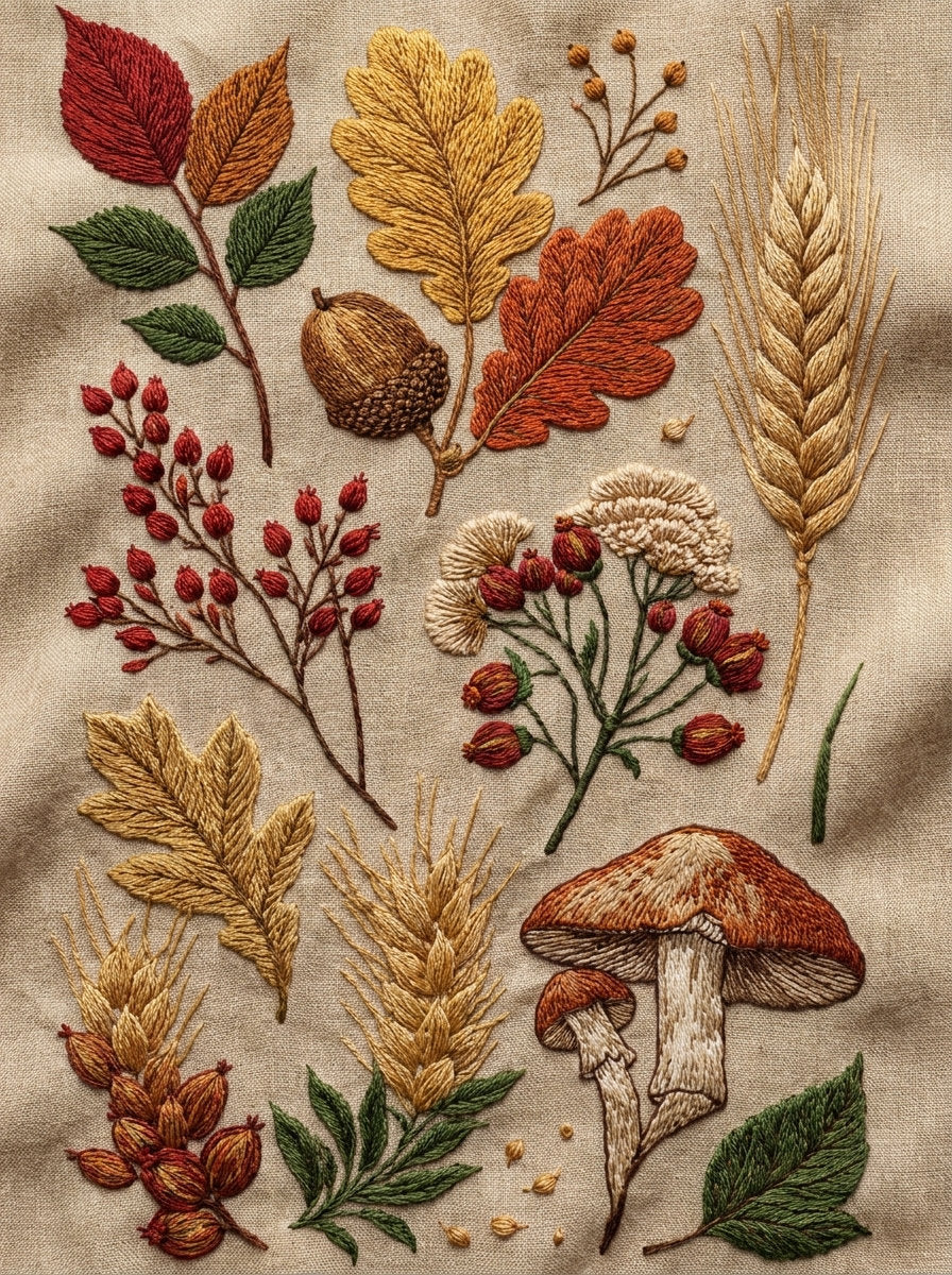 Leaves Acorns Wheat And Mushrooms from Halloween & Autumn Embroidery Book 4, a digital embroidery design reference for machine embroidery designs, embroidery patterns and seasonal embroidery motifs.