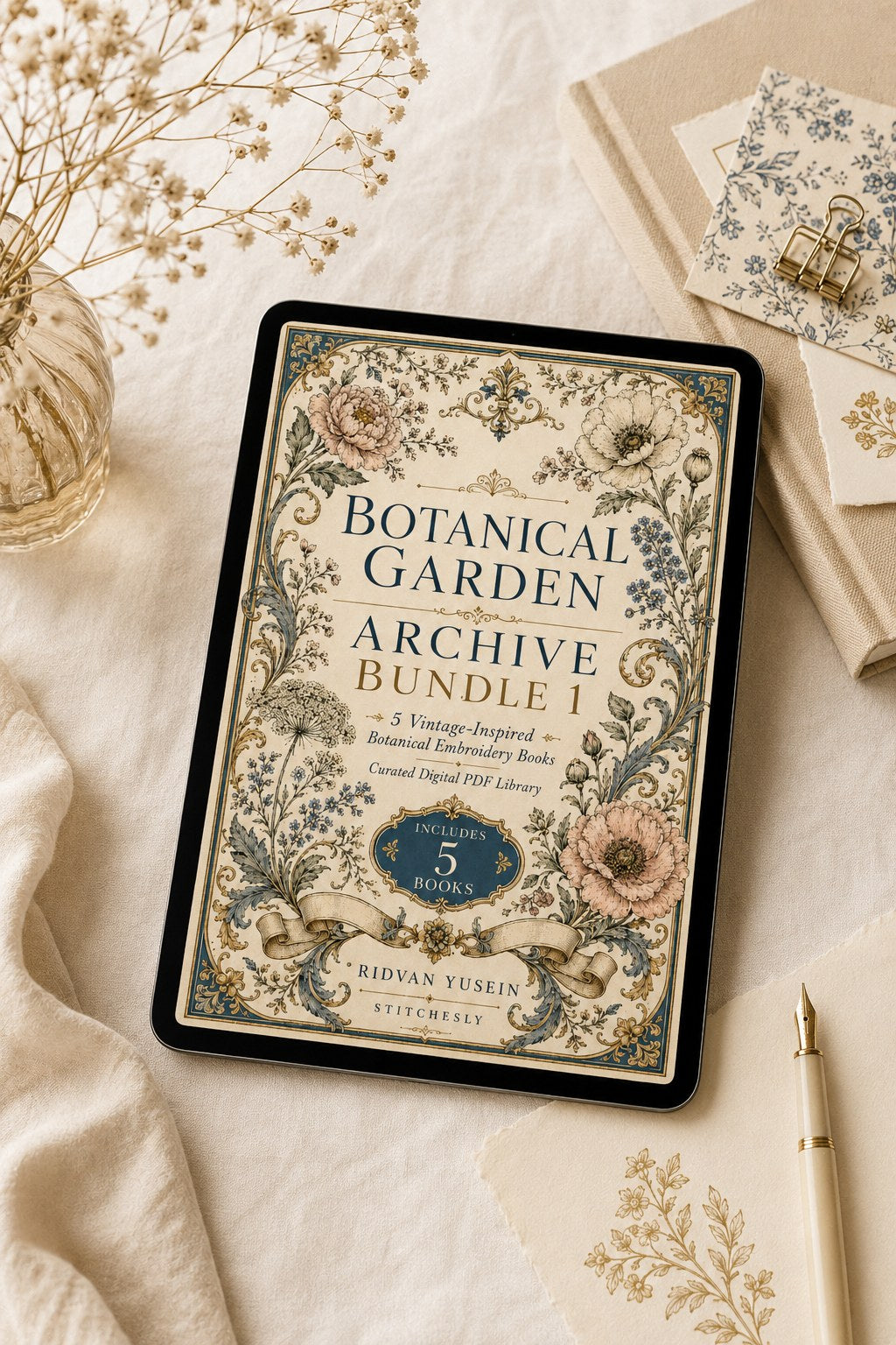 Digital PDF embroidery design bundle cover preview for Botanical Garden Archive Bundle 1, featuring curated embroidery patterns, motif library references and textile design… - preview 4