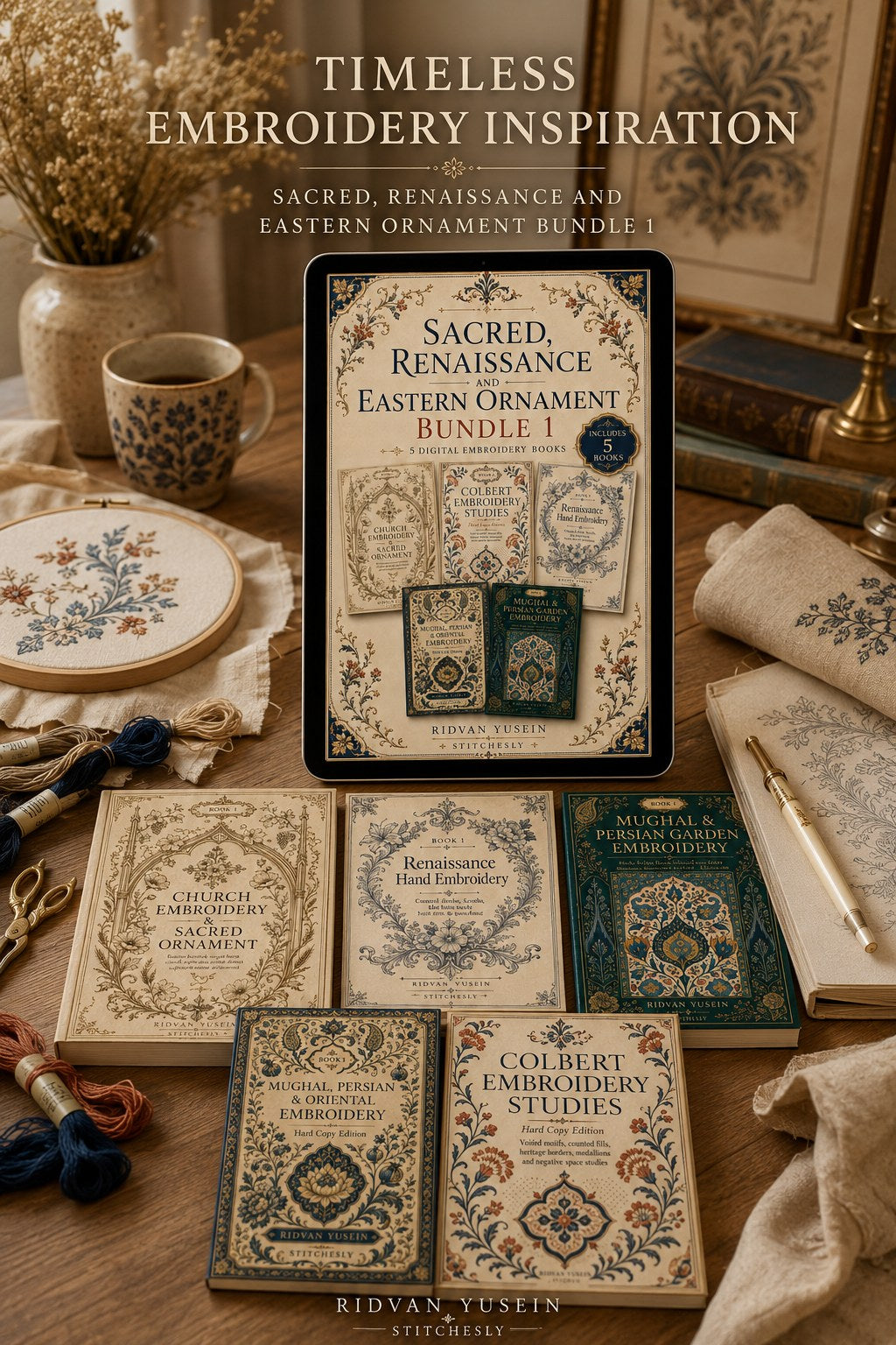 Digital PDF embroidery design bundle cover preview for Sacred, Renaissance & Eastern Ornament Bundle 1, featuring curated embroidery patterns, motif library references and… - preview 4
