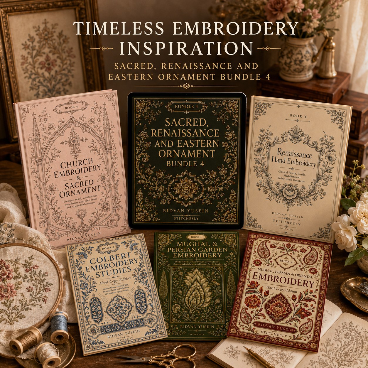 Digital PDF embroidery design bundle cover preview for Sacred, Renaissance & Eastern Ornament Bundle 4, featuring curated embroidery patterns, motif library references and… - preview 4