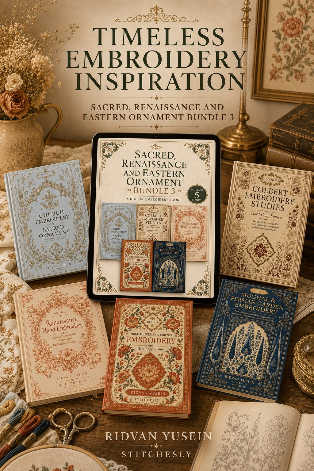 Digital PDF embroidery design bundle cover preview for Sacred, Renaissance & Eastern Ornament Bundle 3, featuring curated embroidery patterns, motif library references and… - preview 4