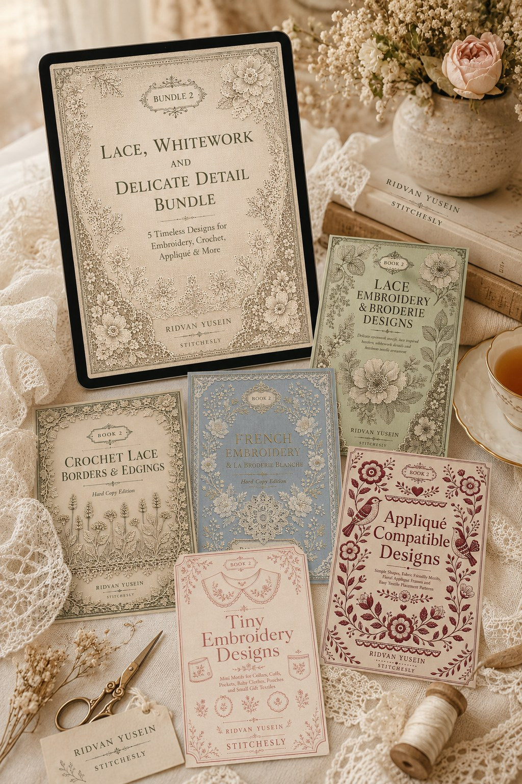 Digital PDF embroidery design bundle cover preview for Lace, Whitework & Delicate Detail Bundle 2, featuring curated embroidery patterns, motif library references and textile… - preview 4