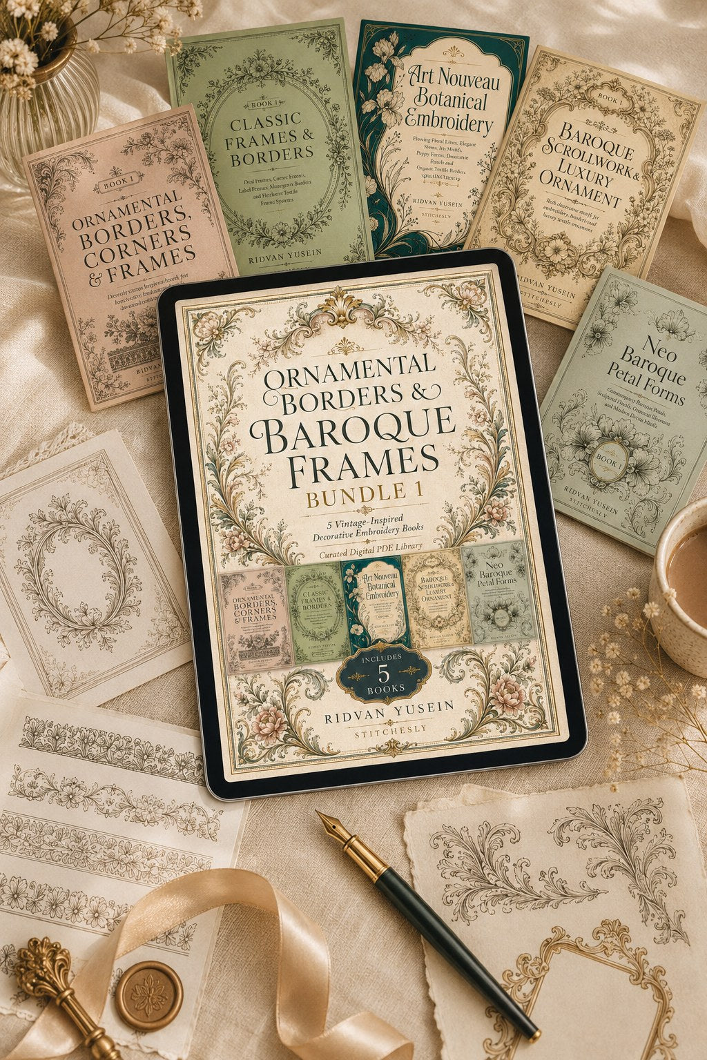 Digital PDF embroidery design bundle cover preview for Ornamental Borders & Baroque Frames Bundle 1, featuring curated embroidery patterns, motif library references and textile… - preview 4
