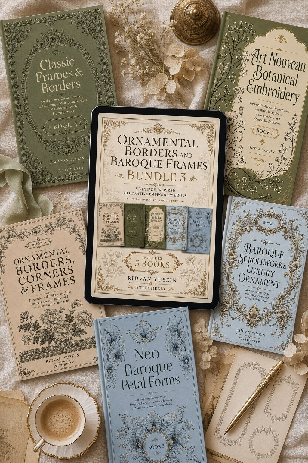 Digital PDF embroidery design bundle cover preview for Ornamental Borders & Baroque Frames Bundle 3, featuring curated embroidery patterns, motif library references and textile… - preview 4
