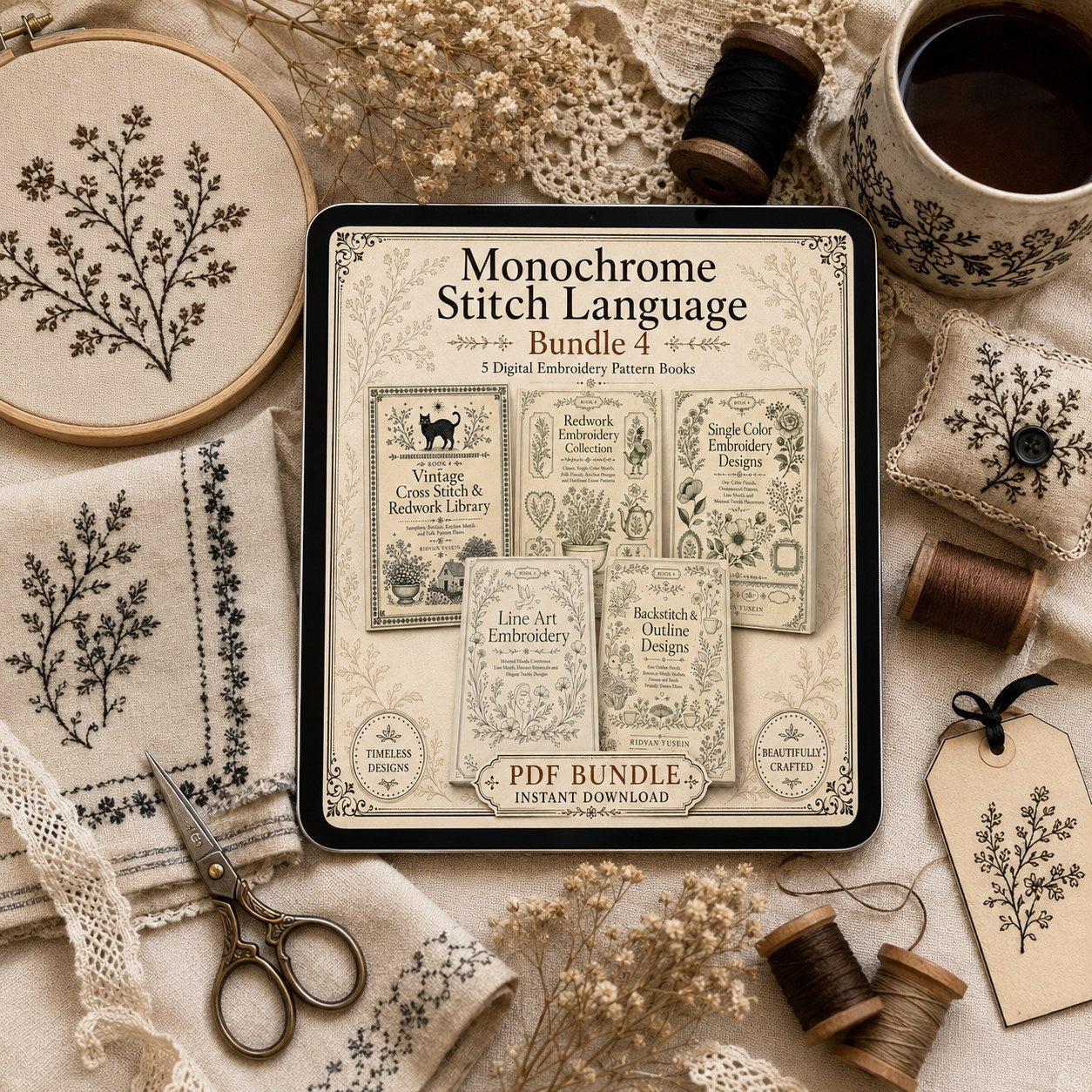 Digital PDF embroidery design bundle cover preview for Monochrome Stitch Language Bundle 4, featuring curated embroidery patterns, motif library references and textile design… - preview 4