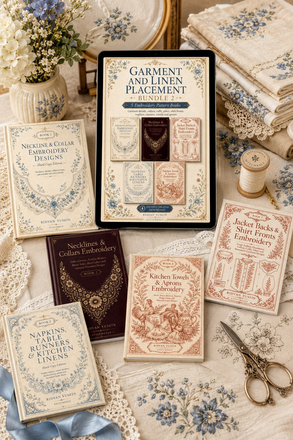 Digital PDF embroidery design bundle cover preview for Garment & Linen Placement Bundle 2, featuring curated embroidery patterns, motif library references and textile design… - preview 4