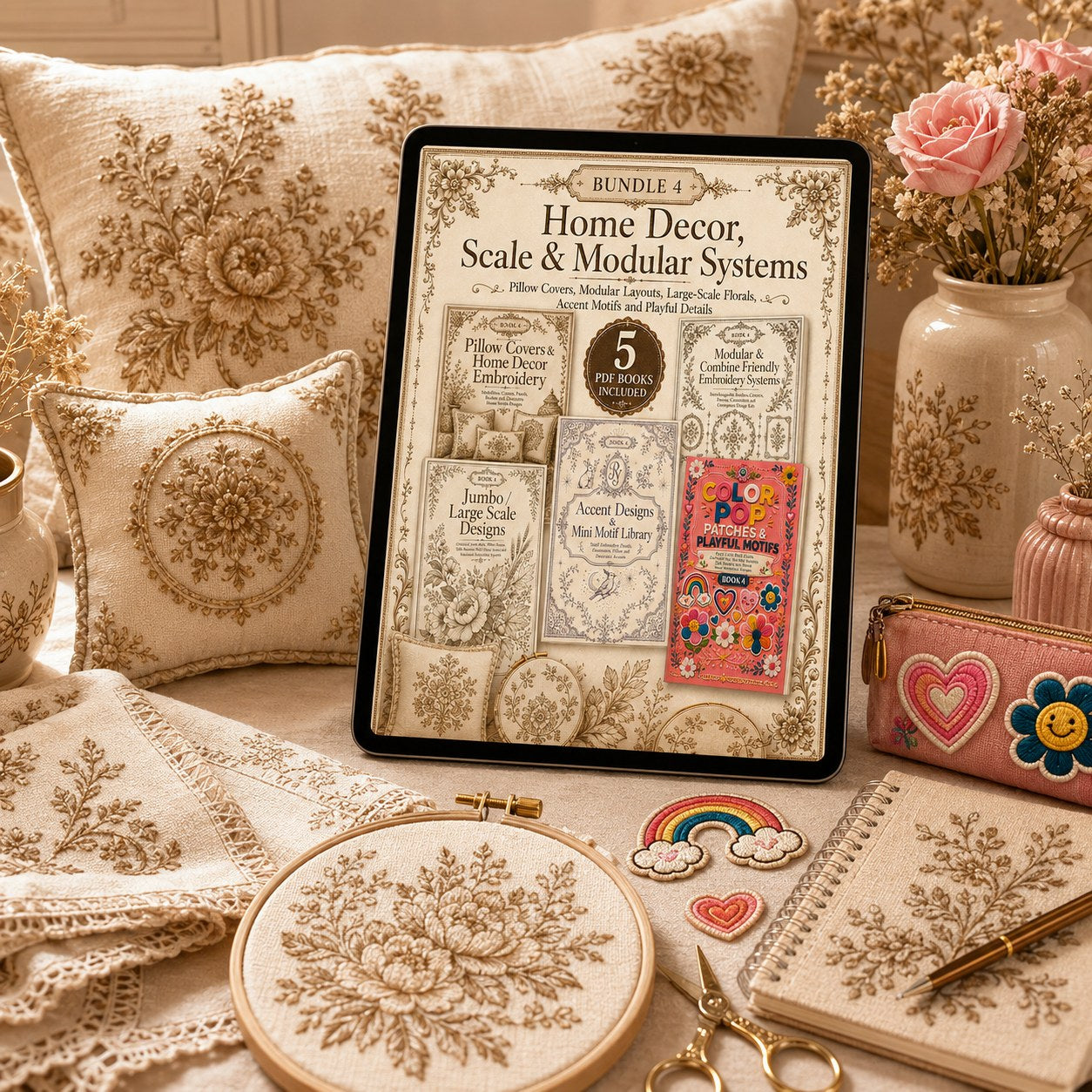 Digital PDF embroidery design bundle cover preview for Home Decor, Scale & Modular Systems Bundle 4, featuring curated embroidery patterns, motif library references and textile… - preview 4