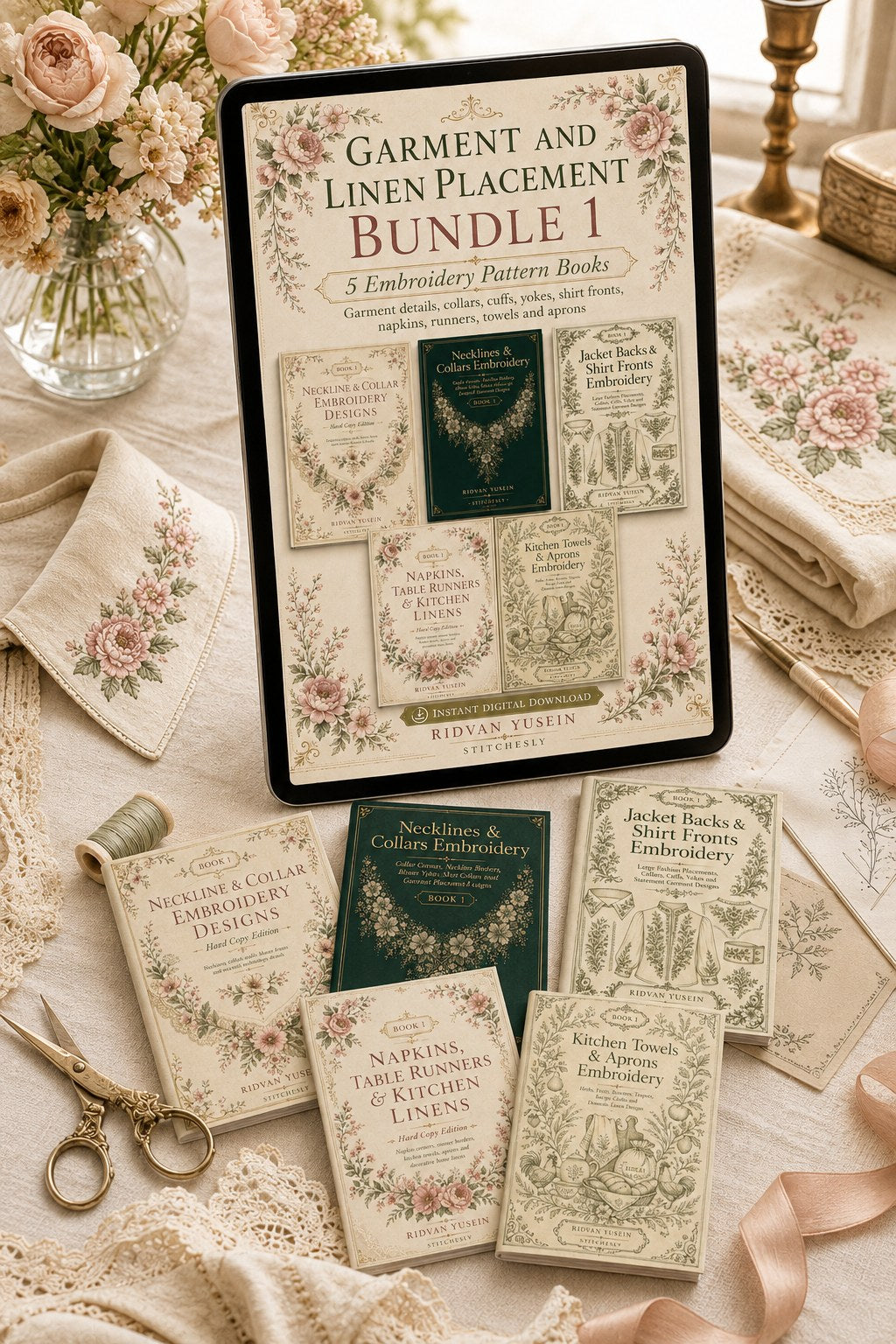 Digital PDF embroidery design bundle cover preview for Garment & Linen Placement Bundle 1, featuring curated embroidery patterns, motif library references and textile design… - preview 4