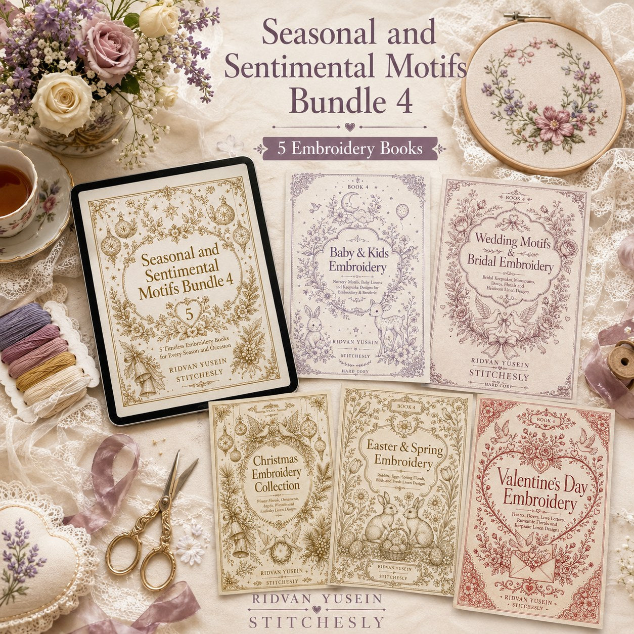 Digital PDF embroidery design bundle cover preview for Seasonal & Sentimental Motifs Bundle 4, featuring curated embroidery patterns, motif library references and textile design… - preview 4