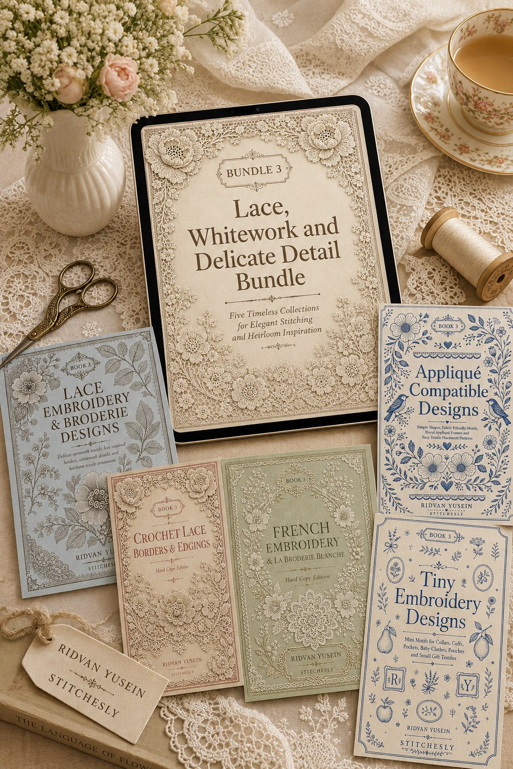 Digital PDF embroidery design bundle cover preview for Lace, Whitework & Delicate Detail Bundle 3, featuring curated embroidery patterns, motif library references and textile… - preview 4