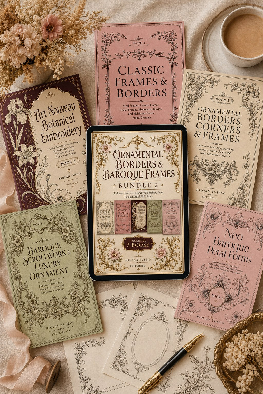 Digital PDF embroidery design bundle cover preview for Ornamental Borders & Baroque Frames Bundle 2, featuring curated embroidery patterns, motif library references and textile… - preview 4
